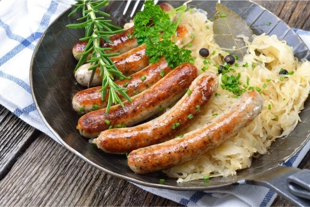 Pierogies with polish sausage kielbasa sauerkraut